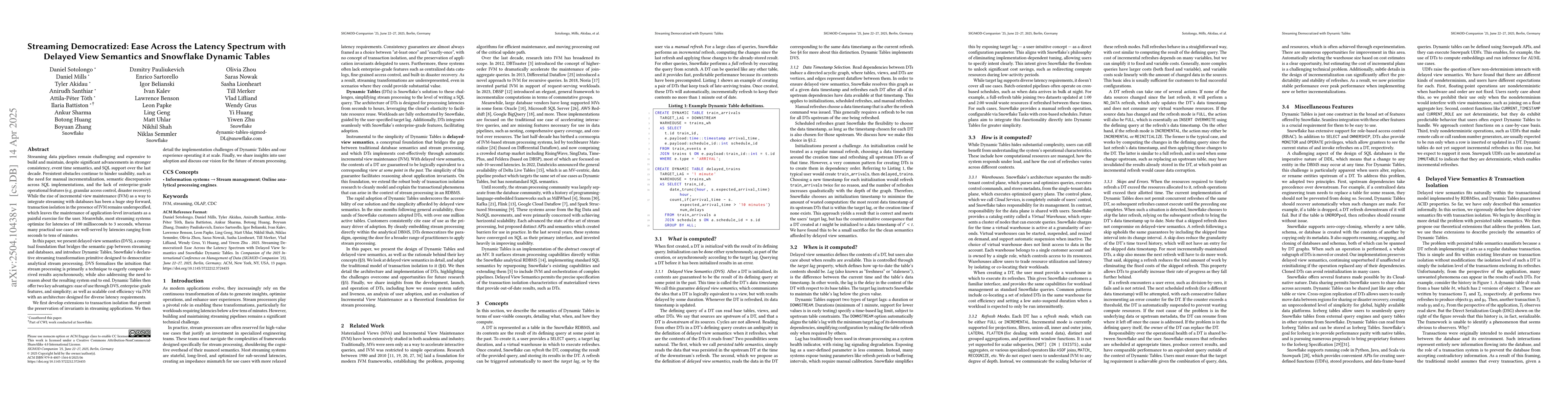 Thumbnail for Streaming Democratized: Ease Across the Latency Spectrum with Delayed
  View Semantics and Snowflake Dynamic Tables