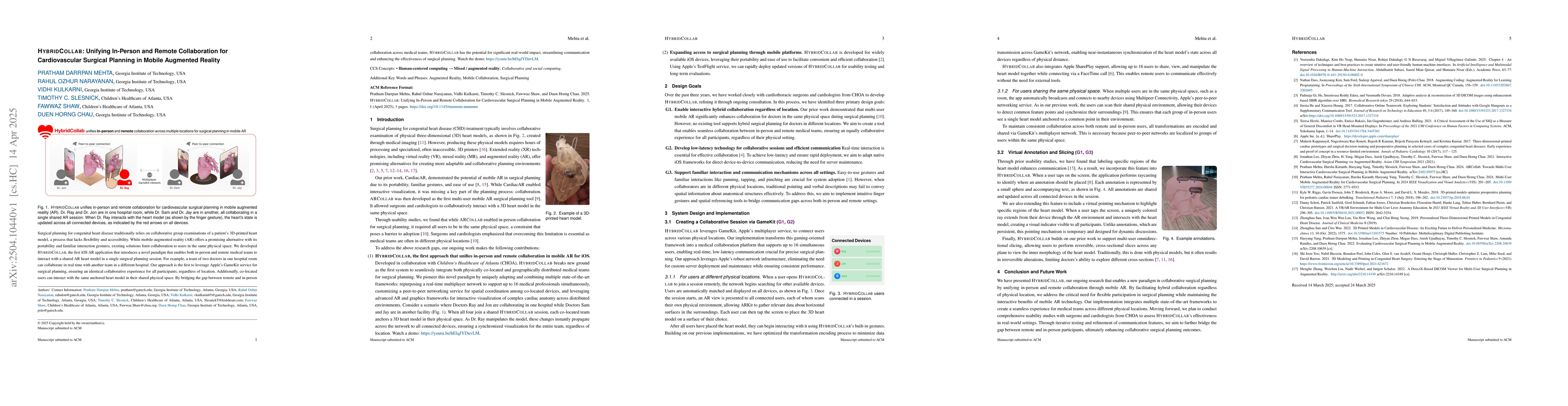 Thumbnail for HybridCollab: Unifying In-Person and Remote Collaboration for
  Cardiovascular Surgical Planning in Mobile Augmented Reality