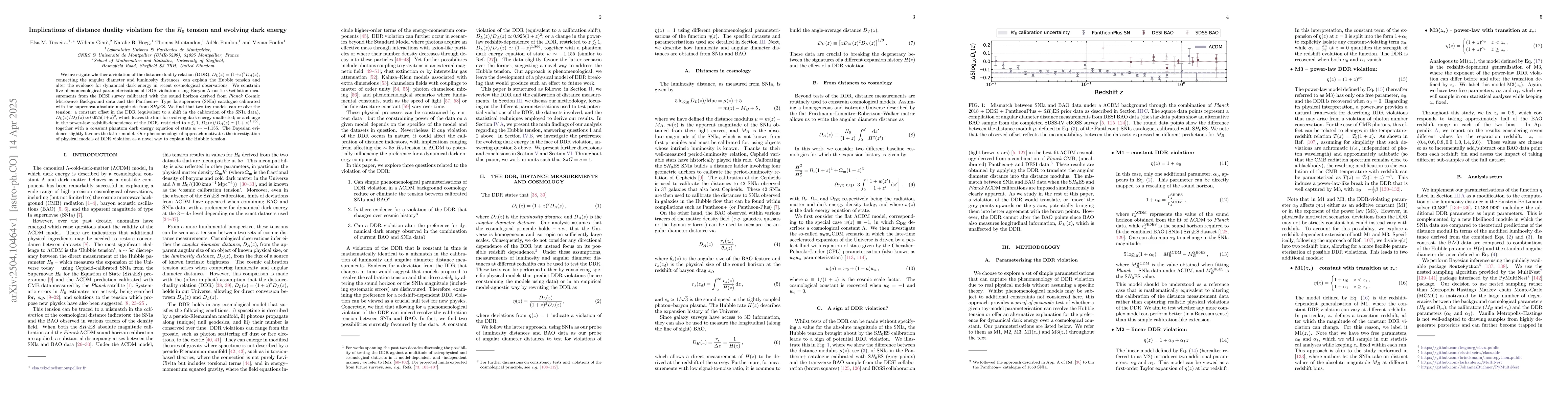 Thumbnail for Implications of distance duality violation for the $H_0$ tension and
  evolving dark energy