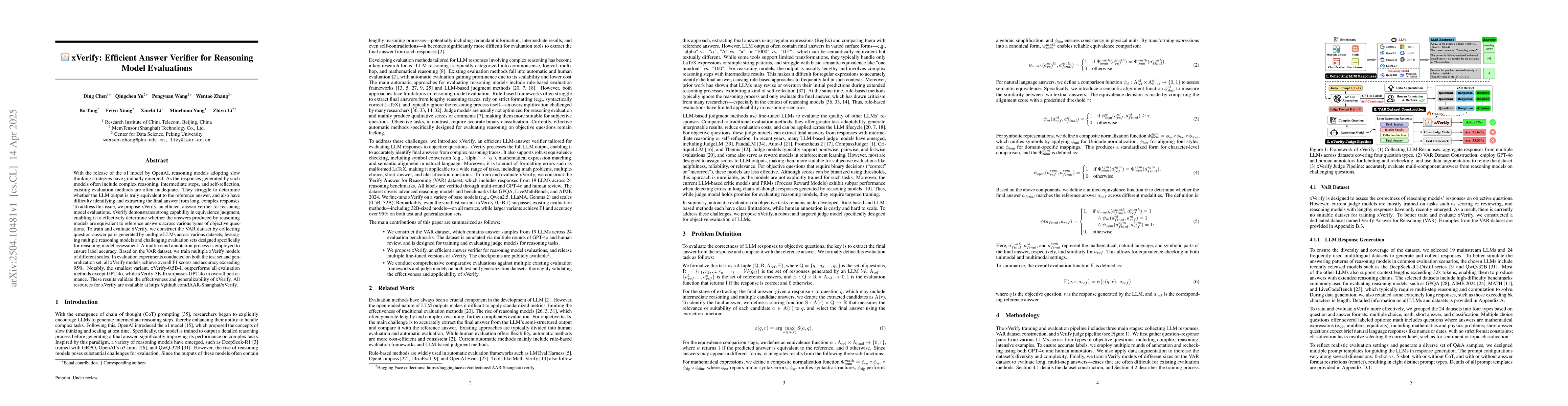 Thumbnail for xVerify: Efficient Answer Verifier for Reasoning Model Evaluations