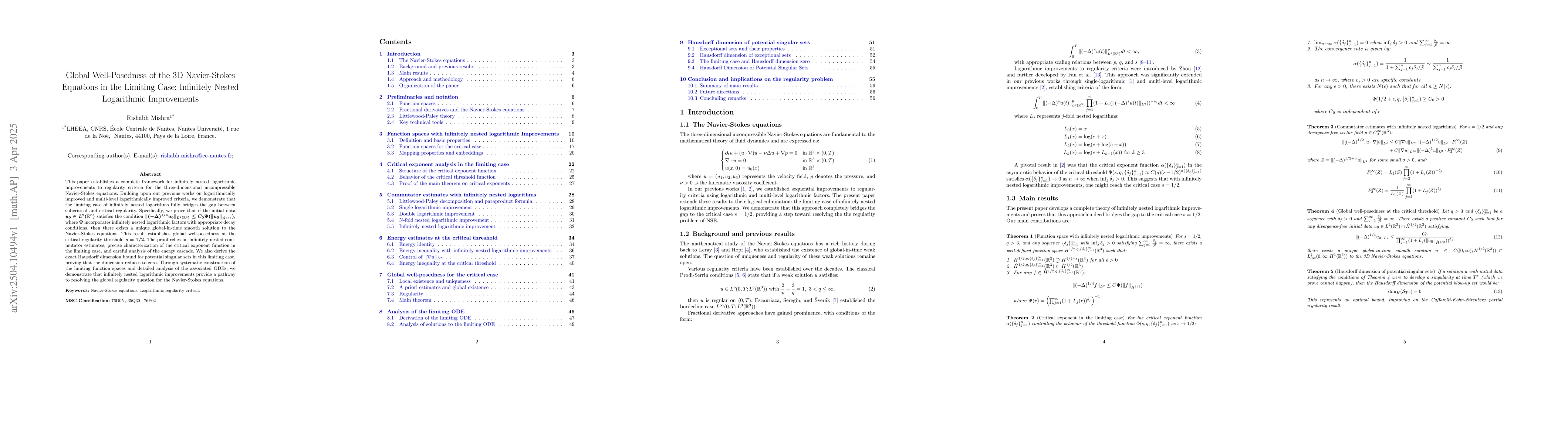 Thumbnail for Global Well-Posedness of the 3D Navier-Stokes Equations in the Limiting
  Case: Infinitely Nested Logarithmic Improvements