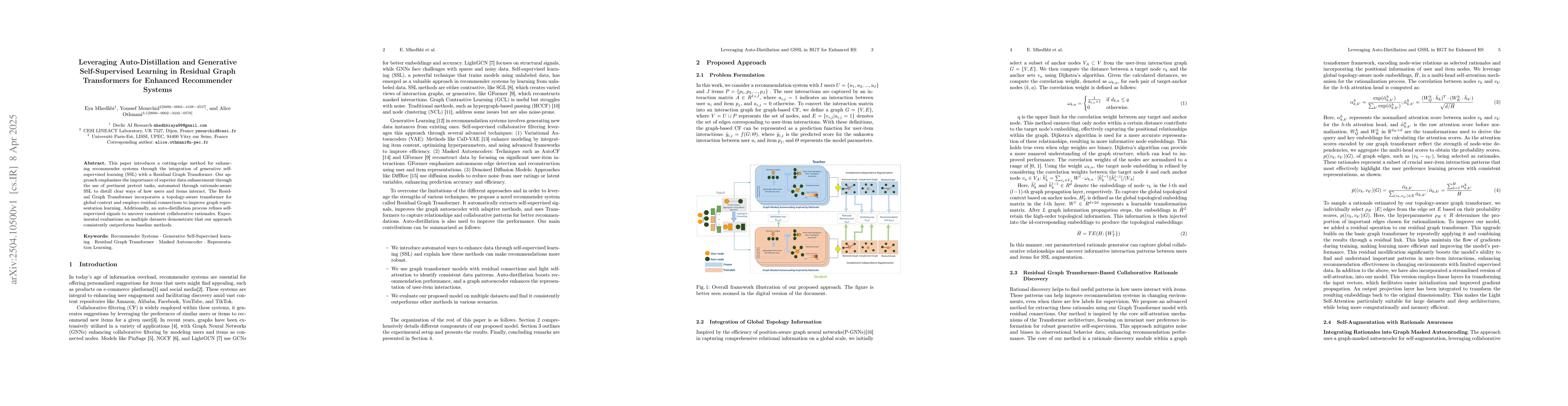 Thumbnail for Leveraging Auto-Distillation and Generative Self-Supervised Learning in
  Residual Graph Transformers for Enhanced Recommender Systems