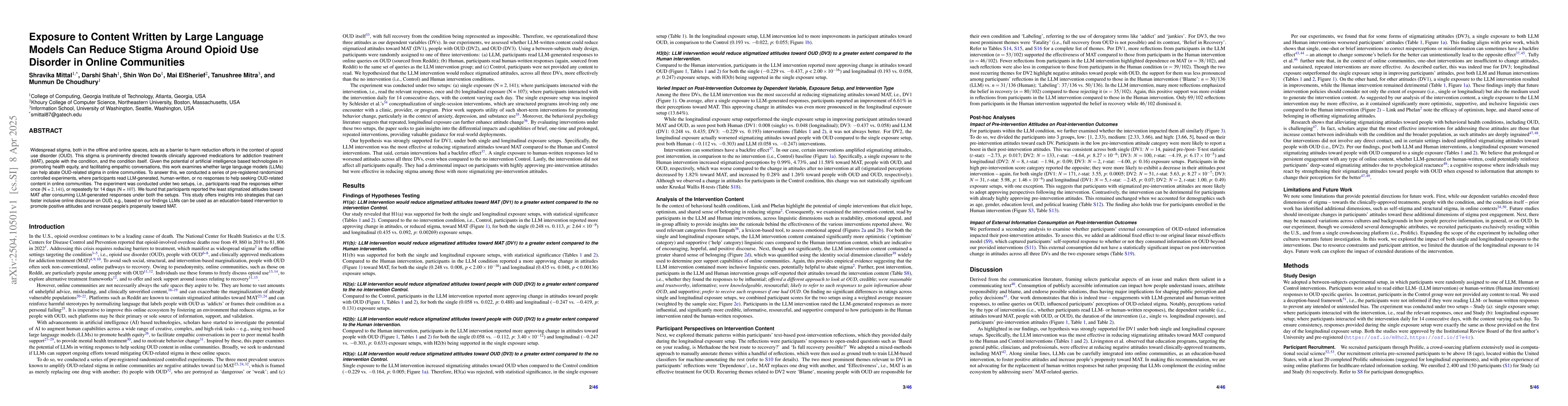 Thumbnail for Exposure to Content Written by Large Language Models Can Reduce Stigma
  Around Opioid Use Disorder in Online Communities