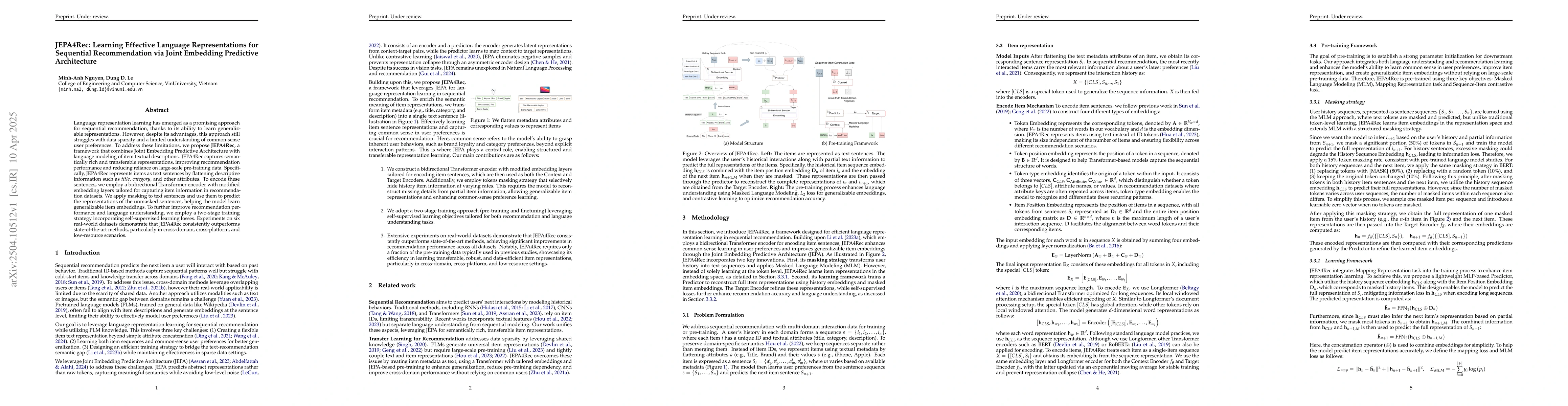 Thumbnail for JEPA4Rec: Learning Effective Language Representations for Sequential
  Recommendation via Joint Embedding Predictive Architecture