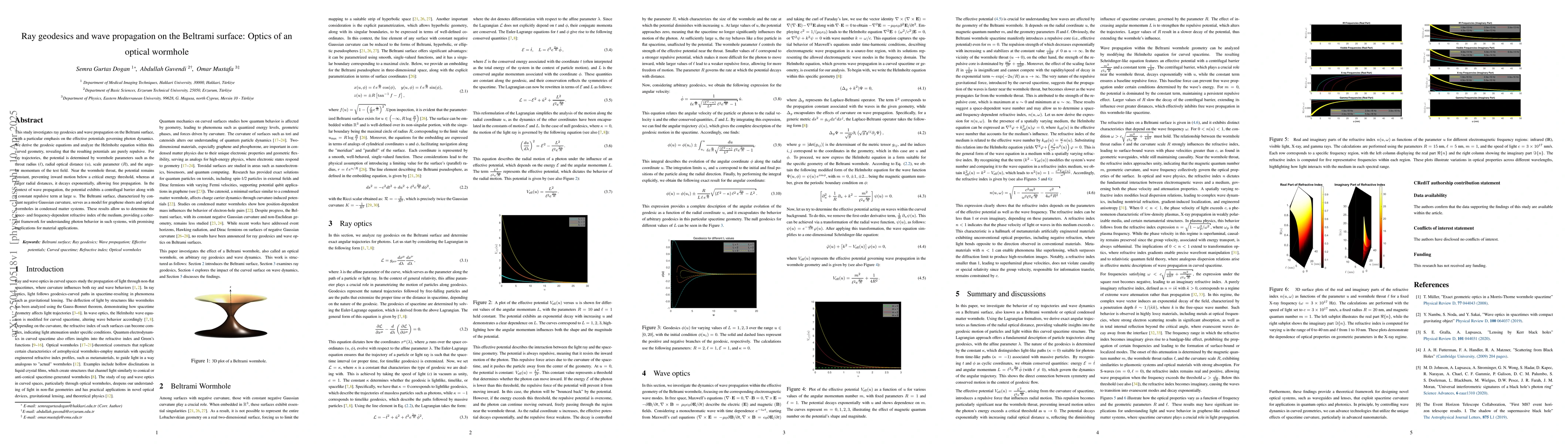 Thumbnail for Ray geodesics and wave propagation on the Beltrami surface: Optics of an
  optical wormhole