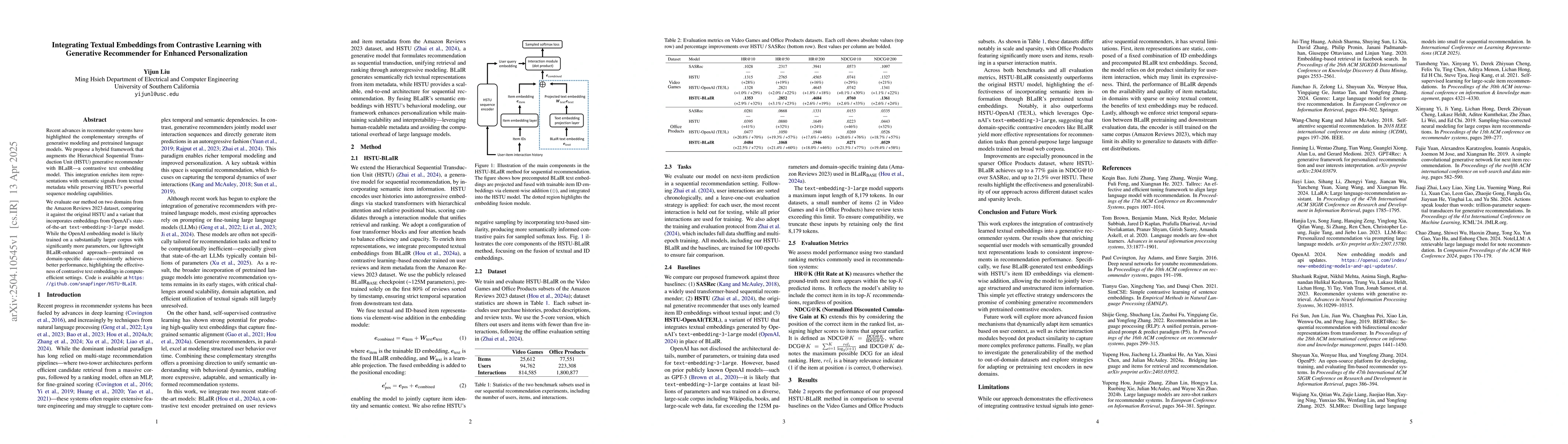 Thumbnail for Integrating Textual Embeddings from Contrastive Learning with Generative
  Recommender for Enhanced Personalization