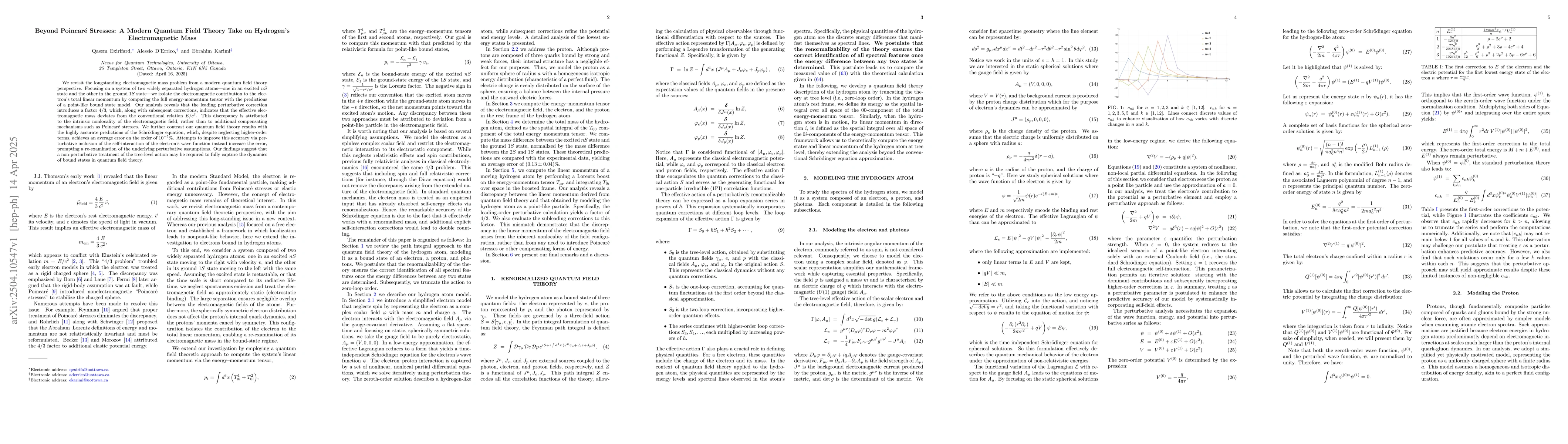 Thumbnail for Beyond Poincaré Stresses: A Modern Quantum Field Theory Take on
  Hydrogen's Electromagnetic Mass