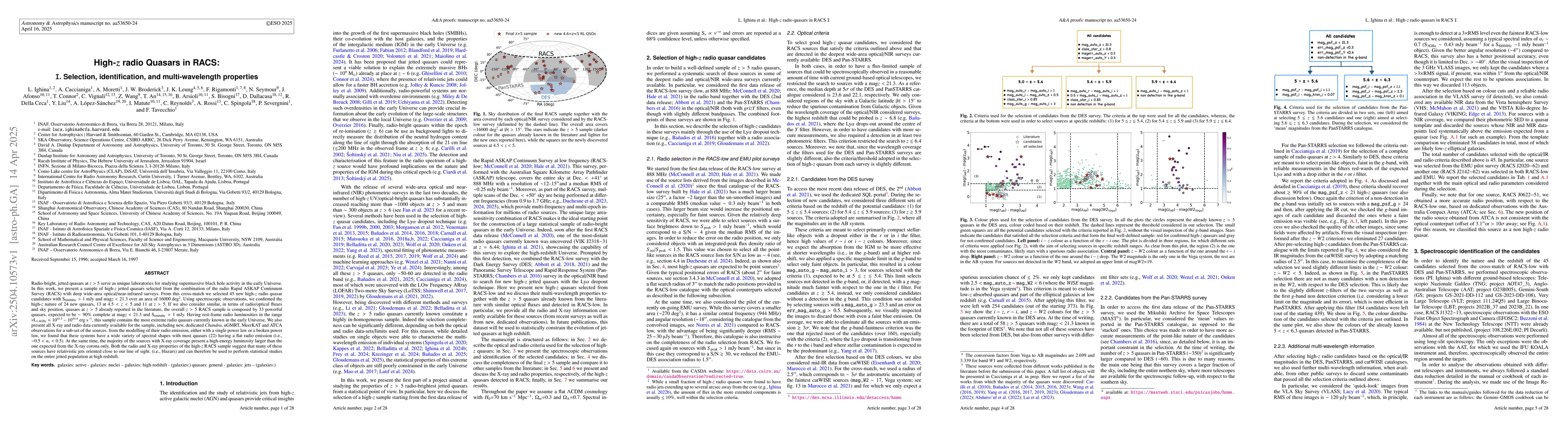 Thumbnail for High-$z$ radio Quasars in RACS I: Selection, identification, and
  multi-wavelength properties