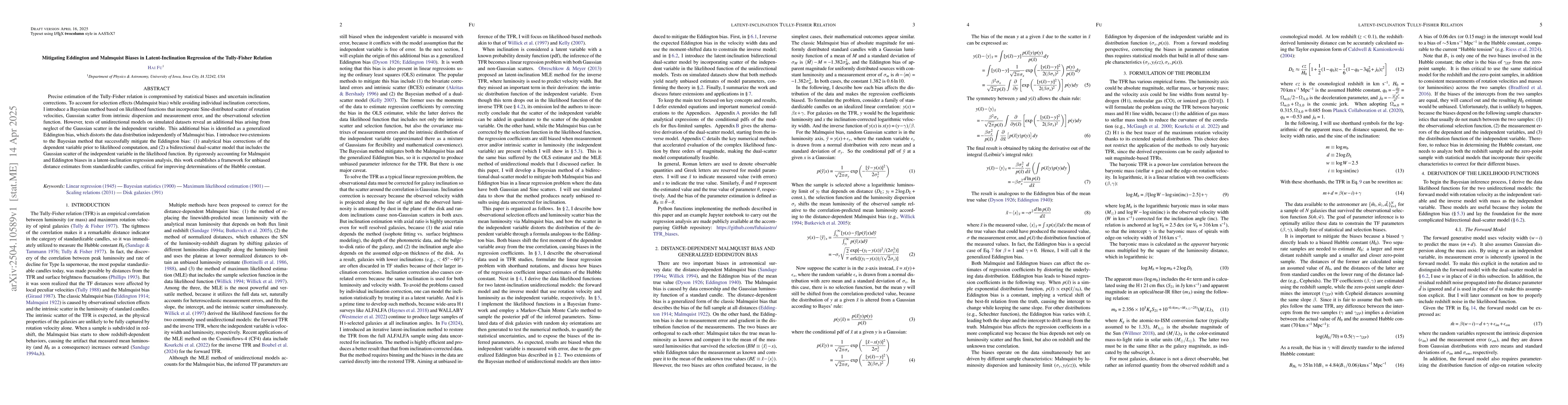 Thumbnail for Mitigating Eddington and Malmquist Biases in Latent-Inclination
  Regression of the Tully-Fisher Relation