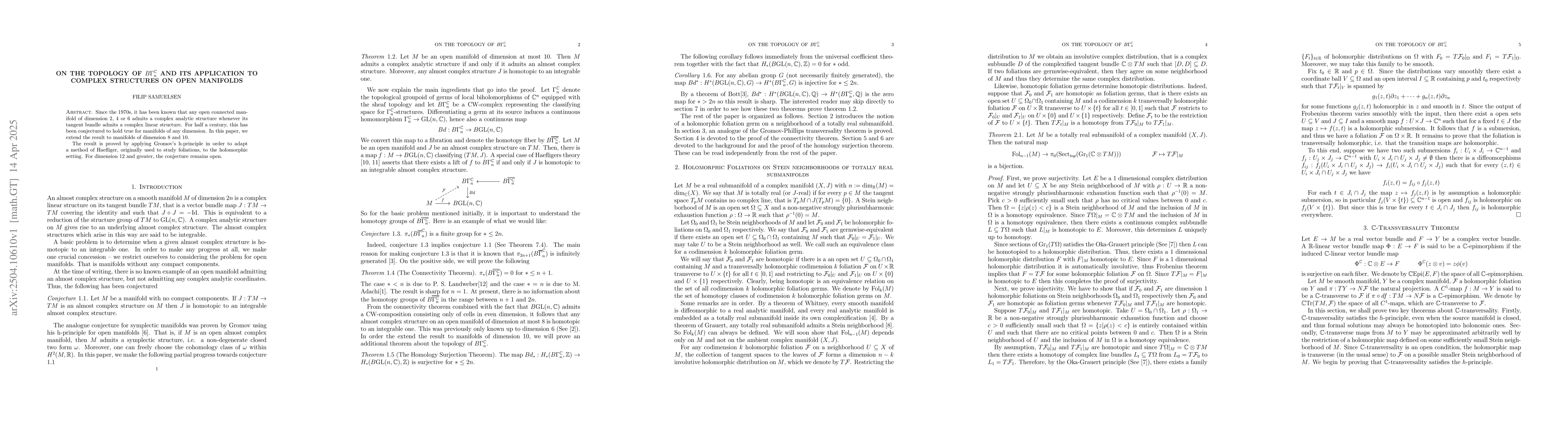 Thumbnail for On the topology of $BΓ_n^\mathbb{C}$ and its application to complex
  structures on open manifolds