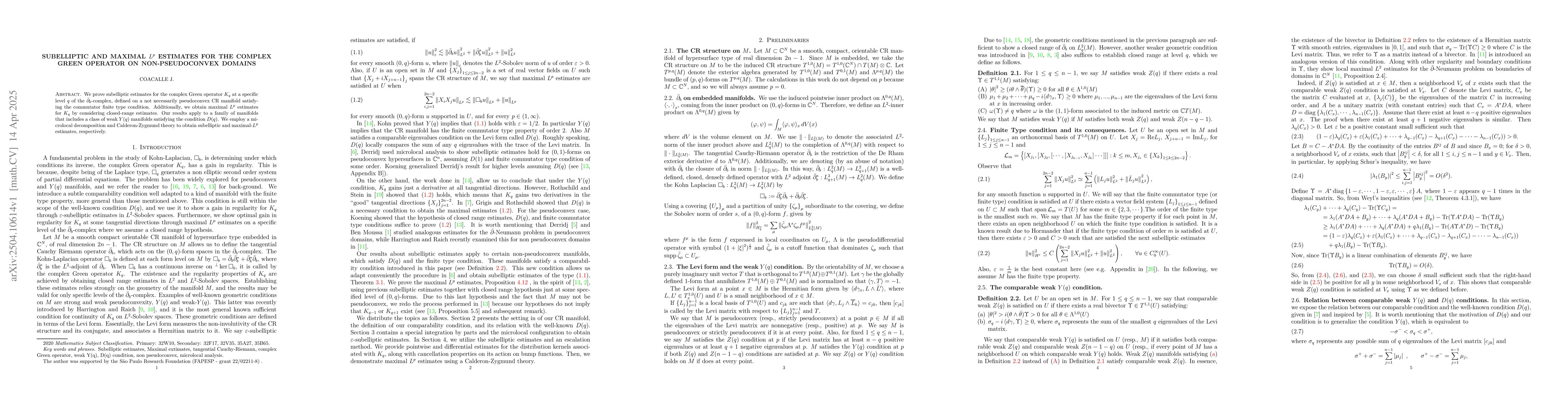 Thumbnail for Subelliptic and Maximal $L^p$ Estimates for the Complex Green Operator
  on non-pseudoconvex domains