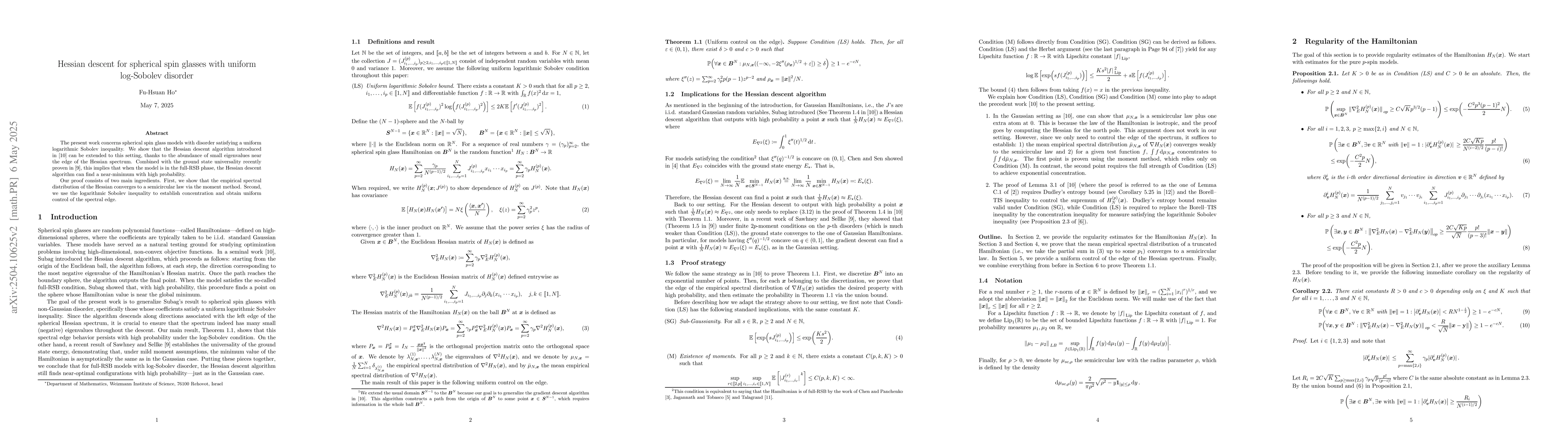 Thumbnail for Hessian descent for spherical spin glasses with uniform log-Sobolev
  disorder