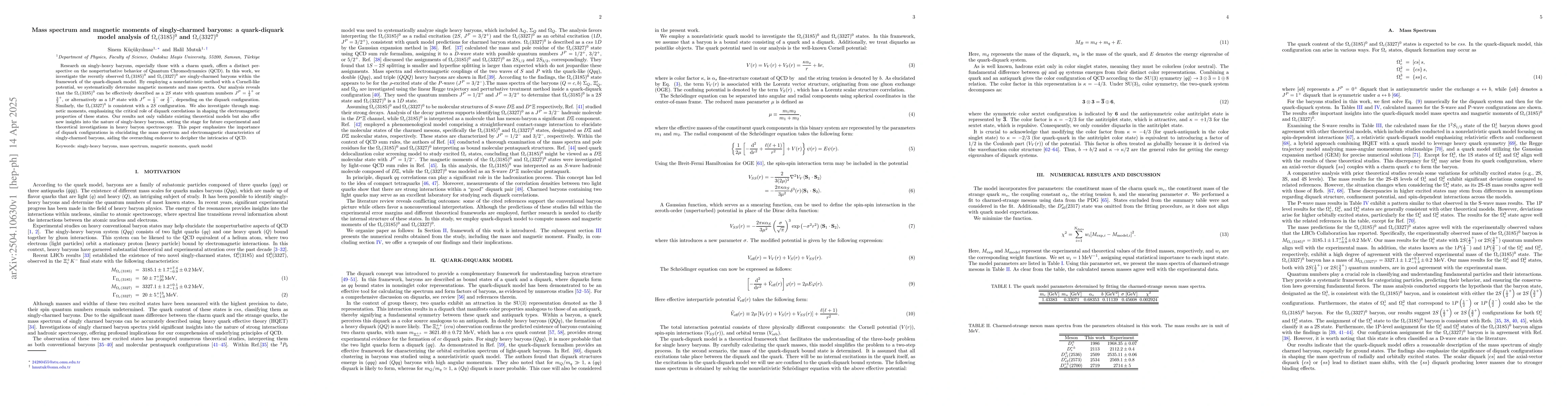 Thumbnail for Mass spectrum and magnetic moments of singly-charmed baryons: a
  quark-diquark model analysis of $Ω_{c}(3185)^0$ and $Ω_c(3327)^0$