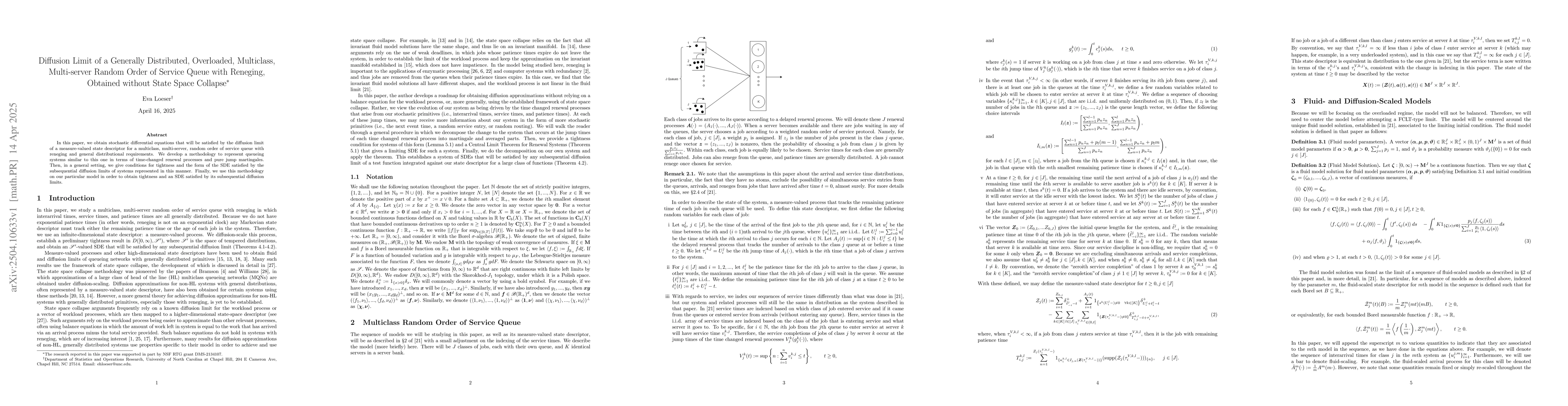 Thumbnail for Diffusion Limit of a Generally Distributed, Overloaded, Multiclass,
  Multi-server Random Order of Service Queue with Reneging, Obtained without
  State Space Collapse