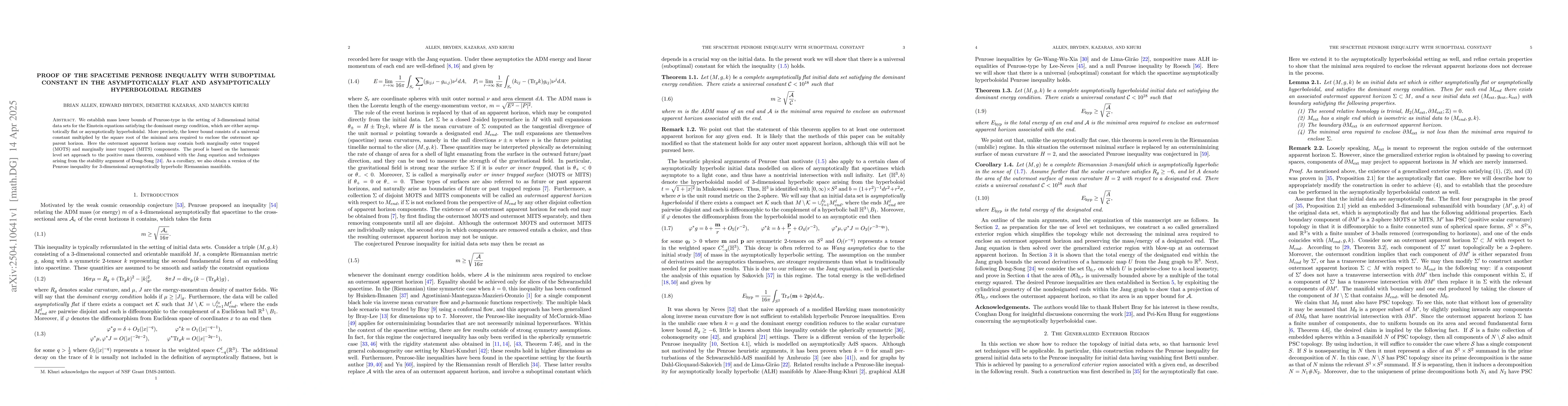 Thumbnail for Proof of the Spacetime Penrose Inequality With Suboptimal Constant in
  the Asymptotically Flat and Asymptotically Hyperboloidal Regimes