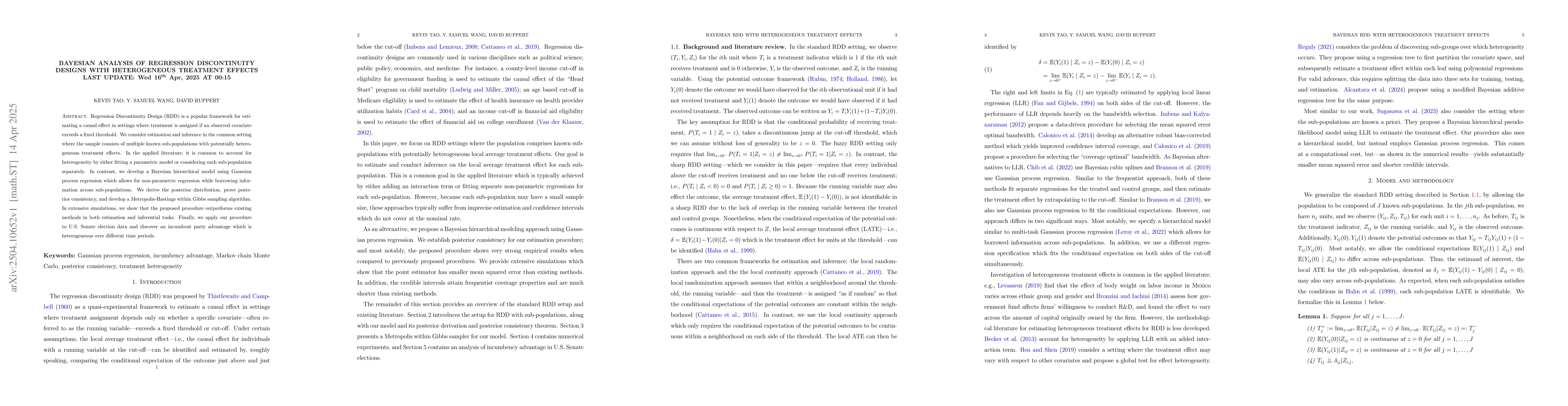 Thumbnail for Bayesian analysis of regression discontinuity designs with heterogeneous
  treatment effects