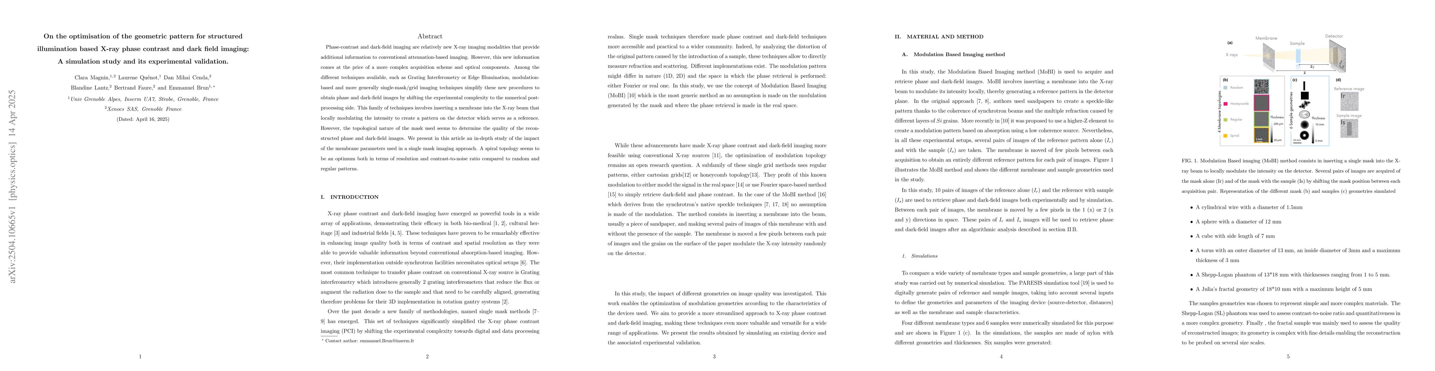 Thumbnail for On the optimisation of the geometric pattern for structured illumination
  based X-ray phase contrast and dark field imaging: A simulation study and its
  experimental validation
