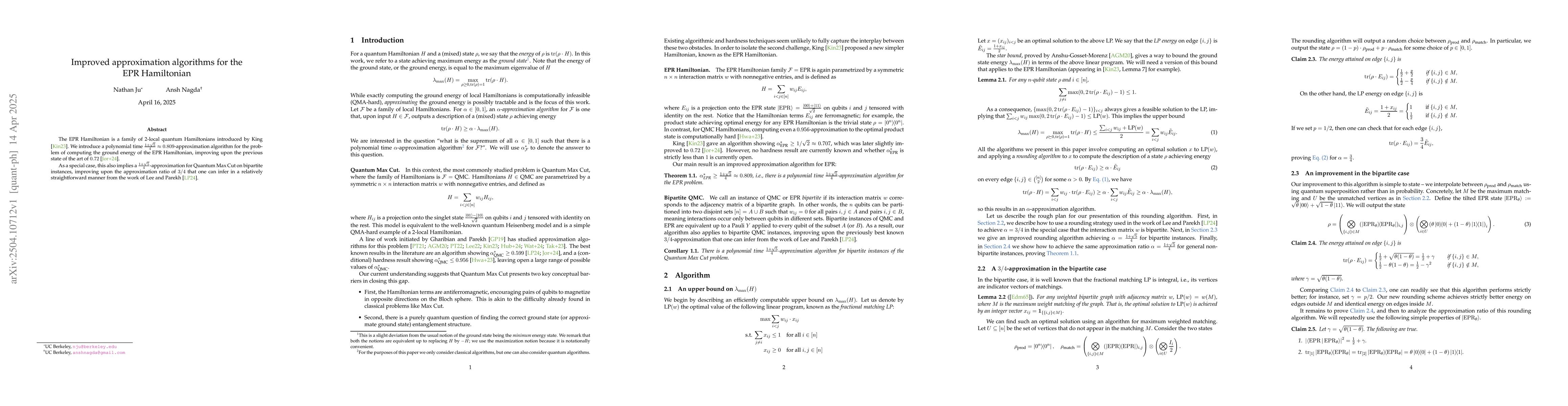 Thumbnail for Improved approximation algorithms for the EPR Hamiltonian