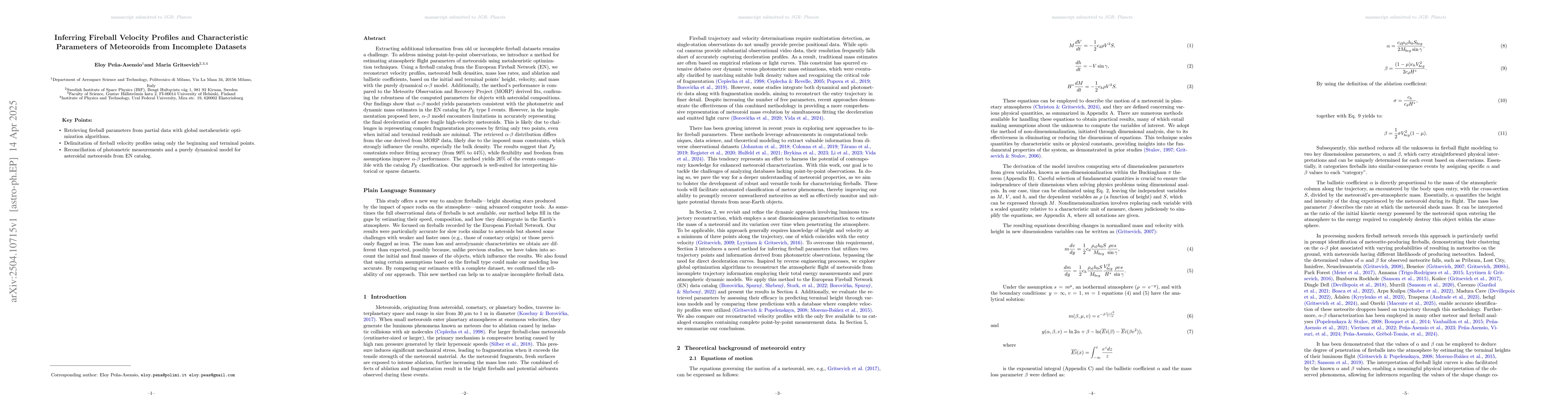 Thumbnail for Inferring Fireball Velocity Profiles and Characteristic Parameters of
  Meteoroids from Incomplete Datasets
