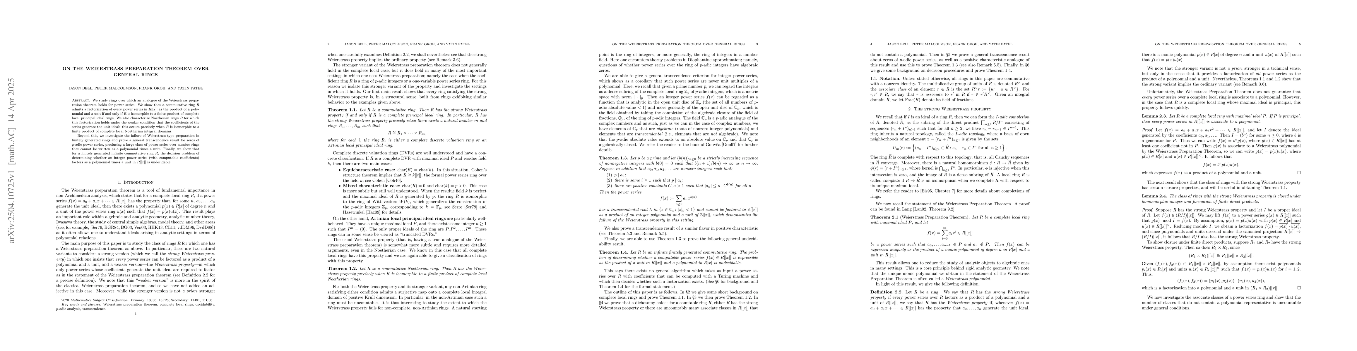 Thumbnail for On the Weierstrass Preparation Theorem over General Rings