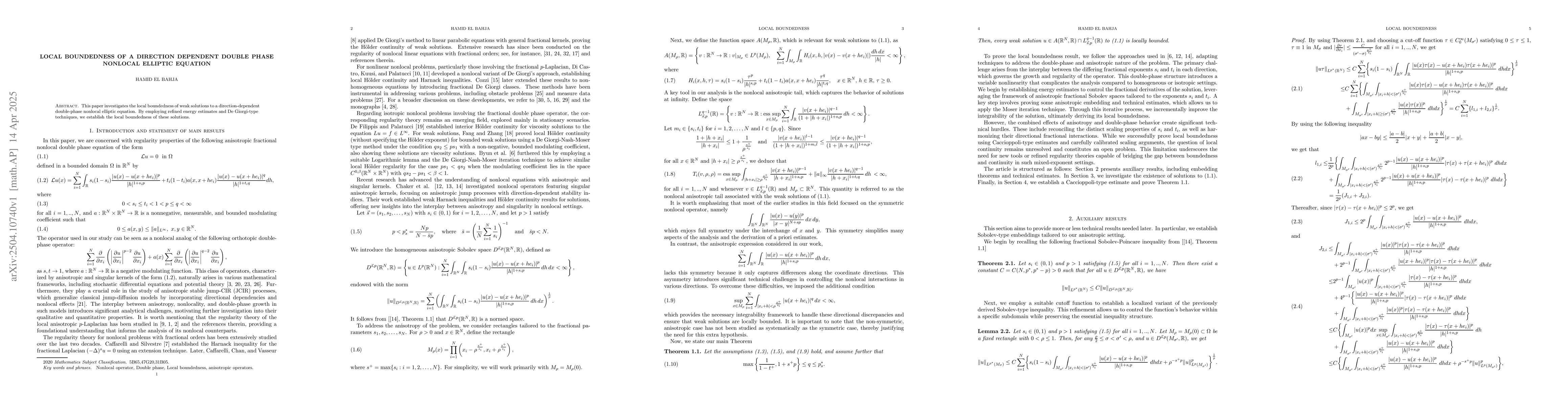 Thumbnail for Local Boundedness of a Direction Dependent Double Phase Nonlocal
  Elliptic Equation