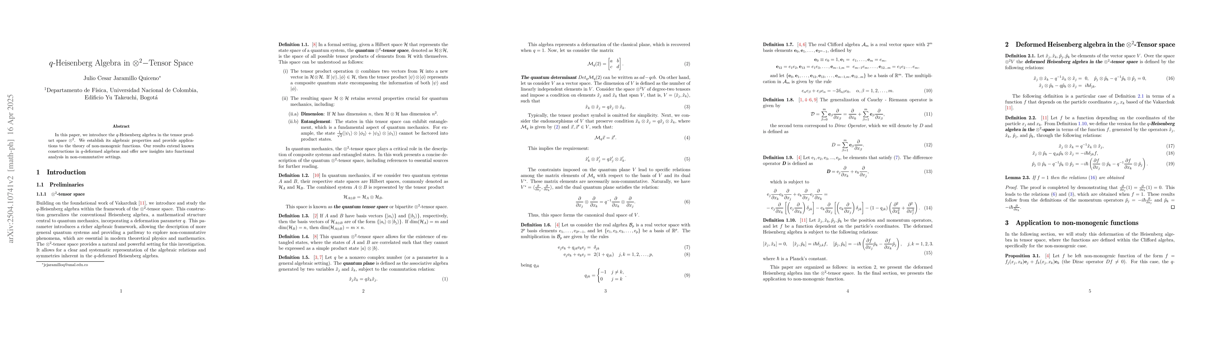 Thumbnail for $q$-Heisenberg Algebra in $\otimes^{2}-$Tensor Space