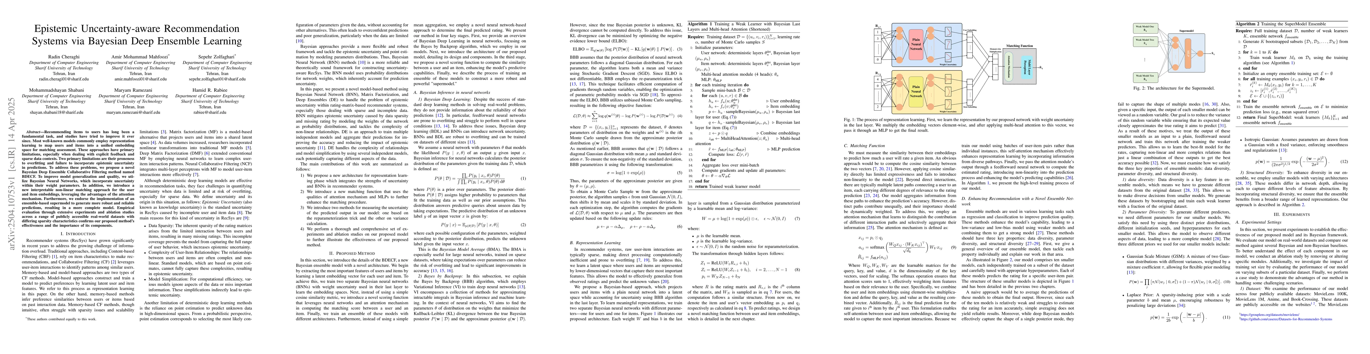 Thumbnail for Epistemic Uncertainty-aware Recommendation Systems via Bayesian Deep
  Ensemble Learning