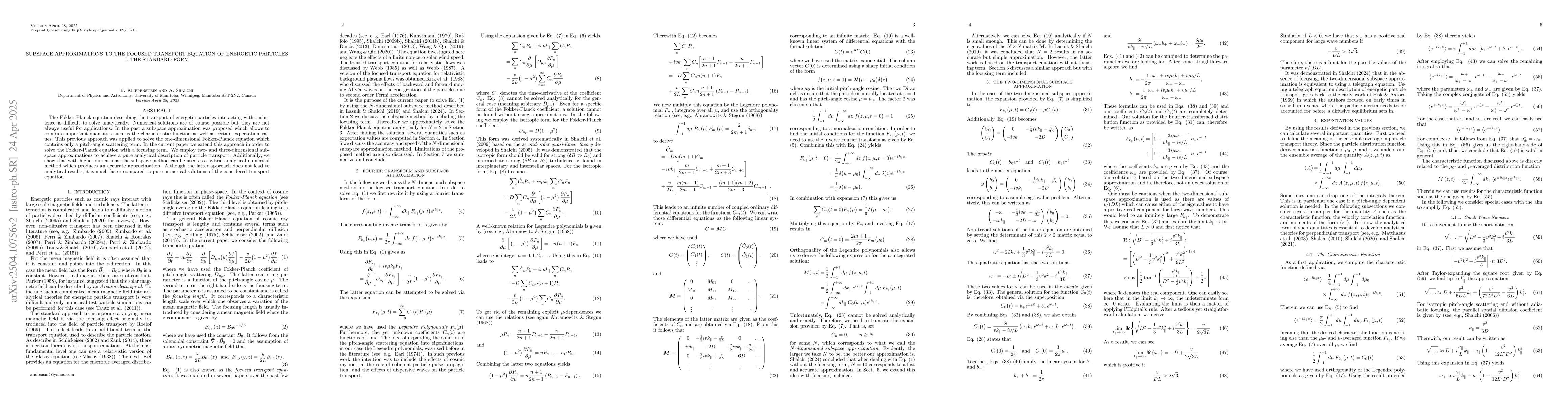Thumbnail for Subspace Approximations to the Focused Transport Equation of Energetic
  Particles, I. The Standard Form