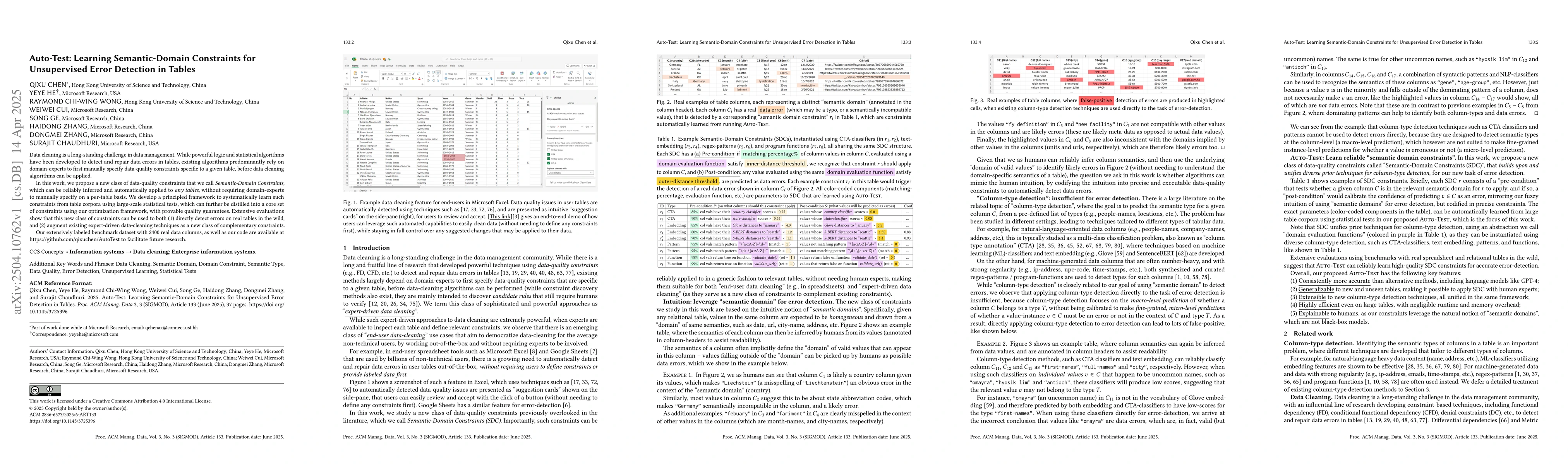 Thumbnail for Auto-Test: Learning Semantic-Domain Constraints for Unsupervised Error
  Detection in Tables