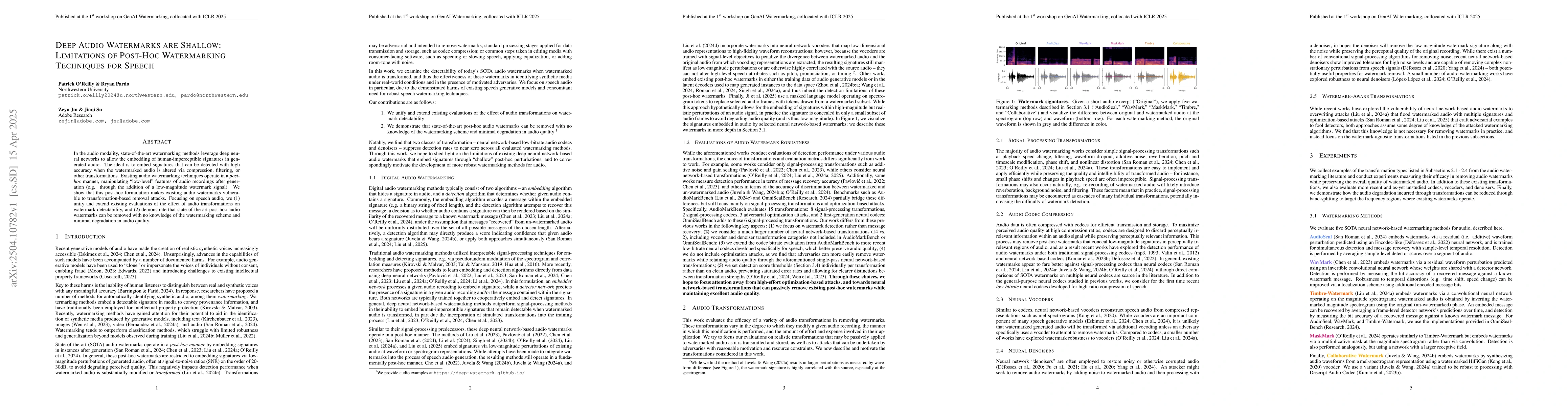 Thumbnail for Deep Audio Watermarks are Shallow: Limitations of Post-Hoc Watermarking
  Techniques for Speech