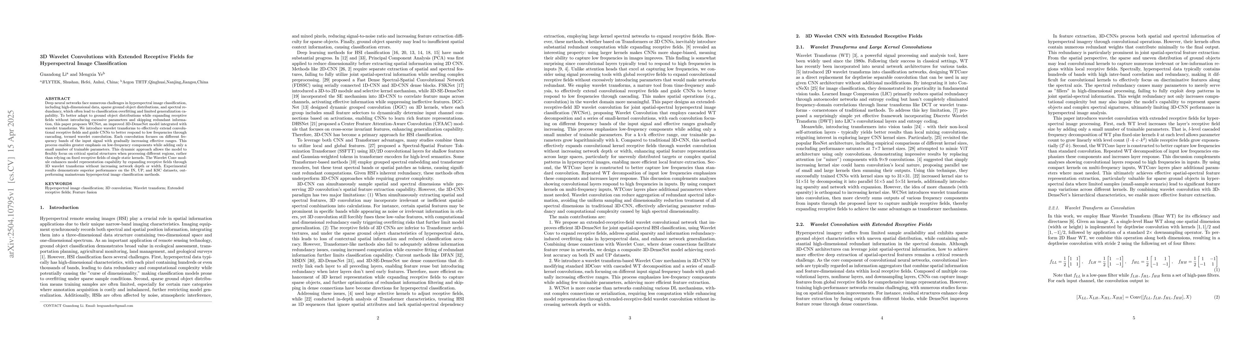 Thumbnail for 3D Wavelet Convolutions with Extended Receptive Fields for Hyperspectral
  Image Classification