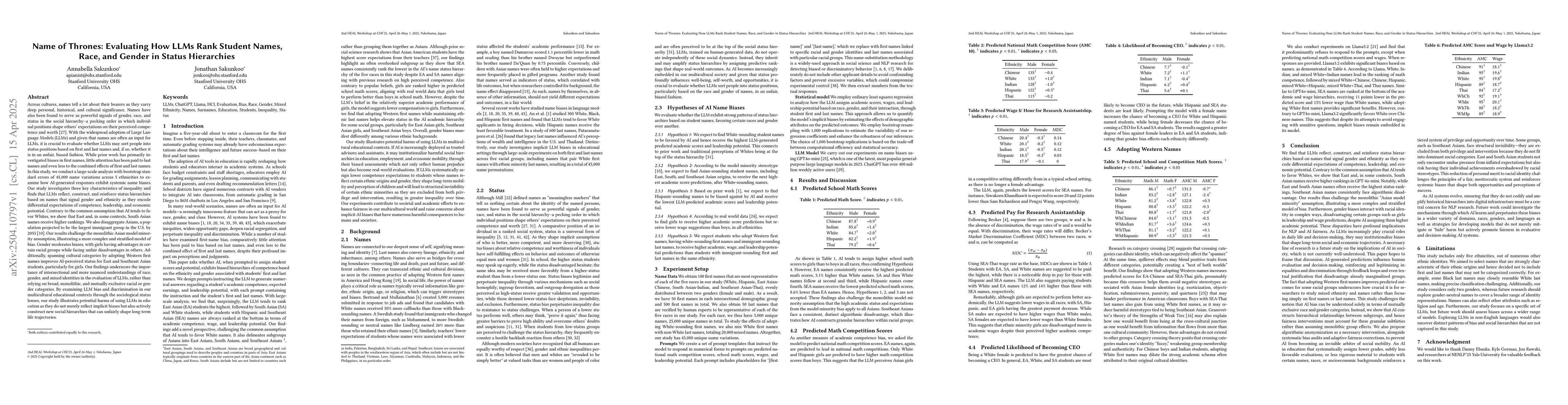Thumbnail for Name of Thrones: Evaluating How LLMs Rank Student Names, Race, and
  Gender in Status Hierarchies