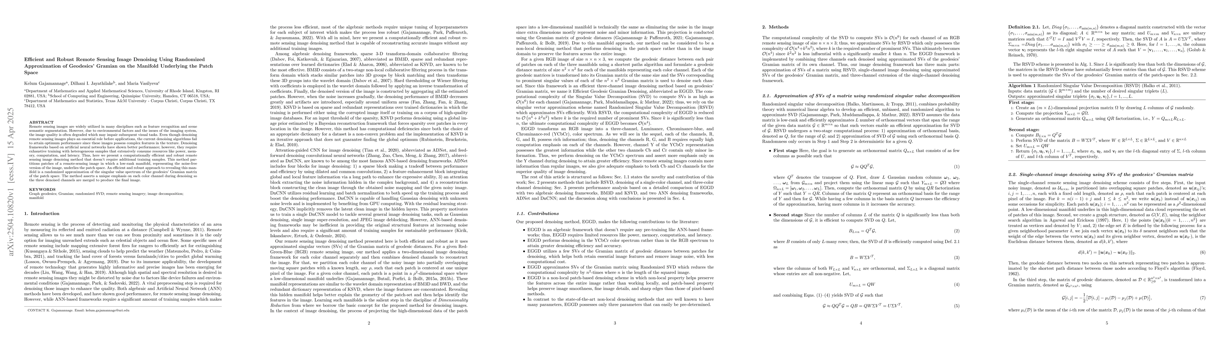 Thumbnail for Efficient and Robust Remote Sensing Image Denoising Using Randomized
  Approximation of Geodesics' Gramian on the Manifold Underlying the Patch
  Space