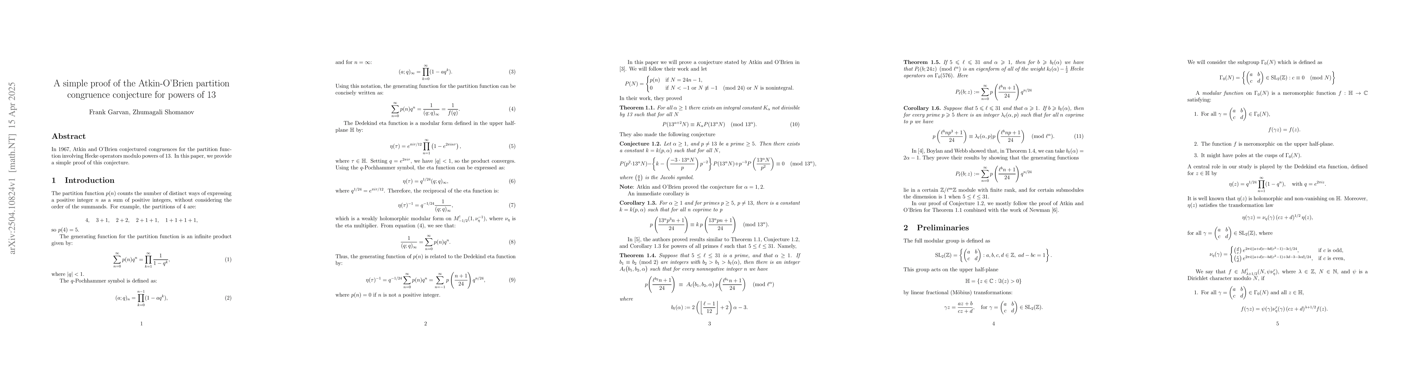 Thumbnail for A simple proof of the Atkin-O'Brien partition congruence conjecture for
  powers of 13