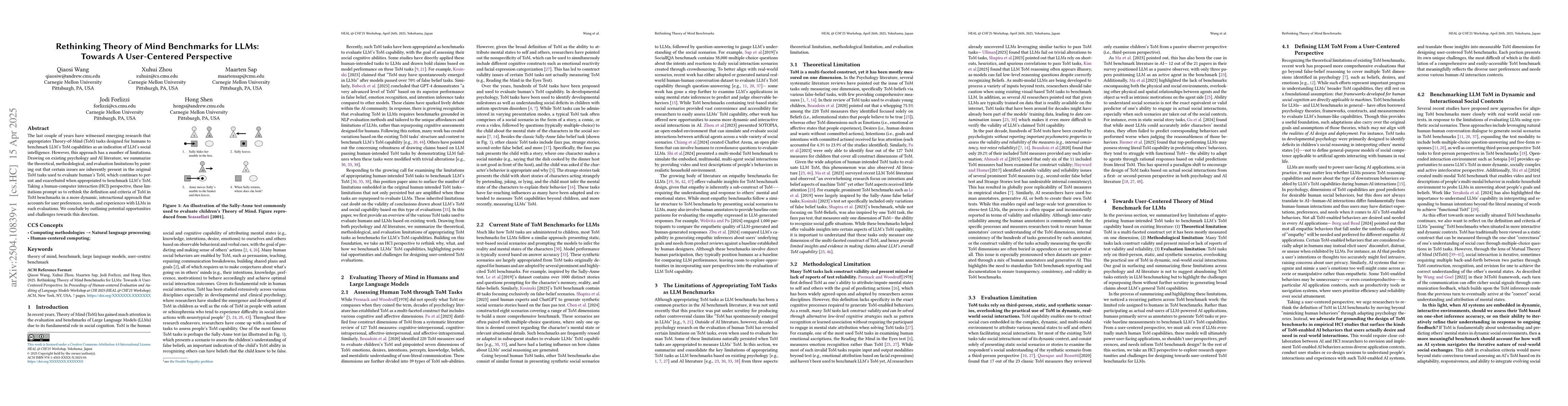 Thumbnail for Rethinking Theory of Mind Benchmarks for LLMs: Towards A User-Centered
  Perspective