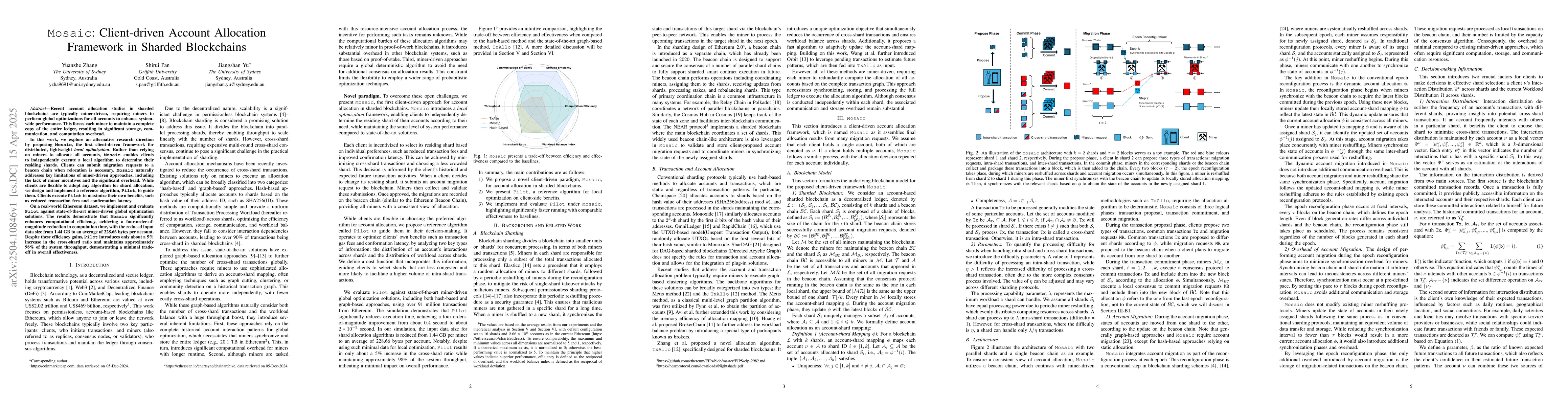 Thumbnail for Mosaic: Client-driven Account Allocation Framework in Sharded
  Blockchains
