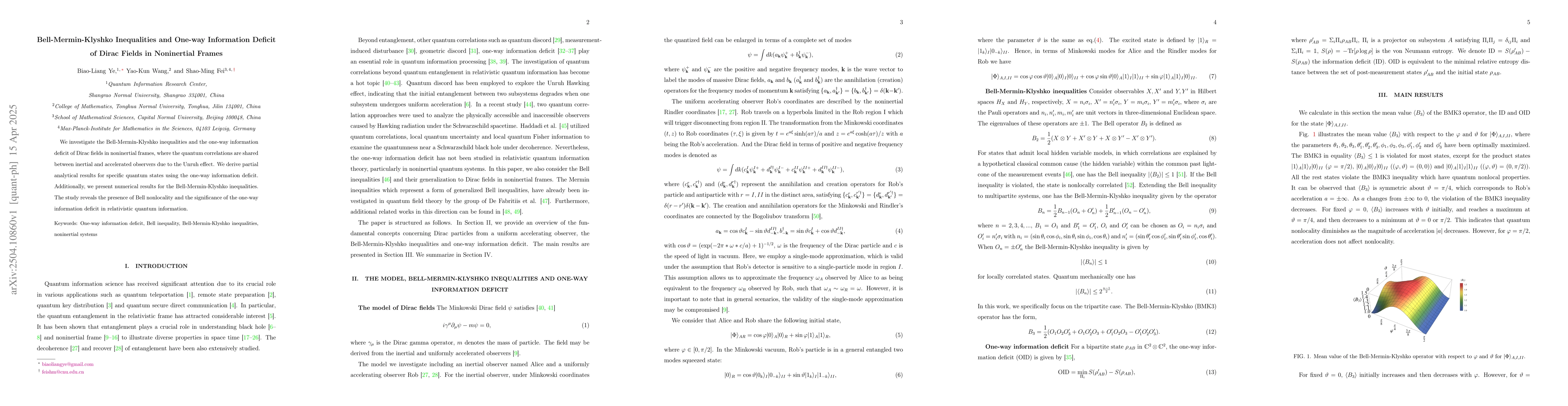 Thumbnail for Bell-Mermin-Klyshko Inequalities and One-way Information Deficit of
  Dirac Fields in Noninertial Frames
