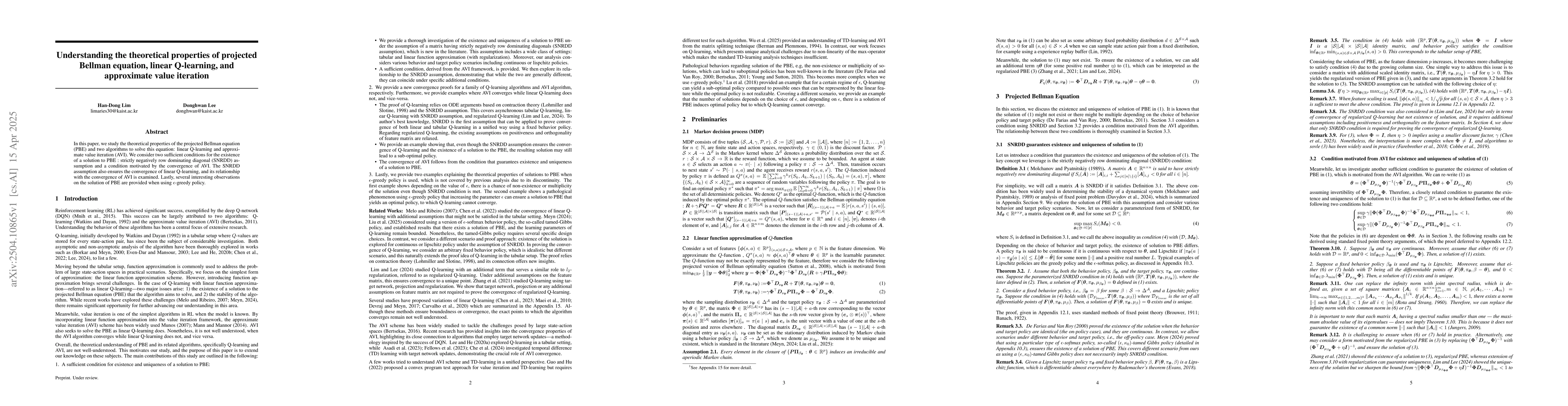Thumbnail for Understanding the theoretical properties of projected Bellman equation,
  linear Q-learning, and approximate value iteration