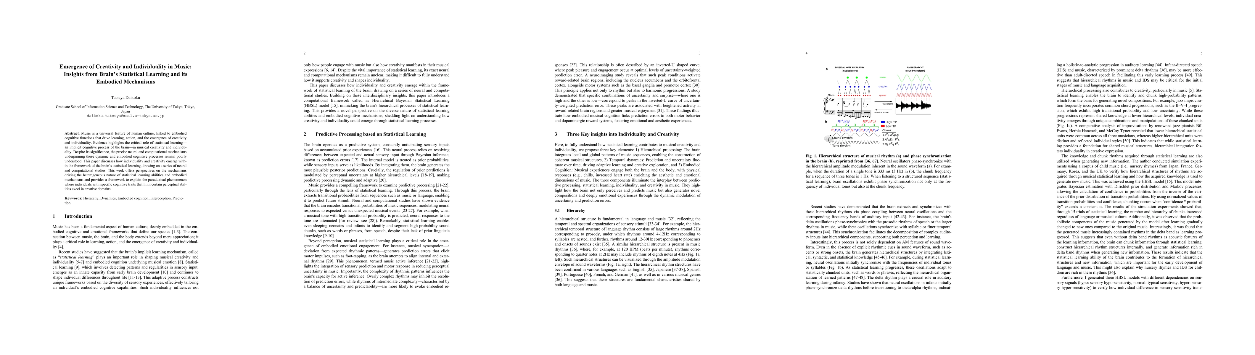 Thumbnail for Emergence of Creativity and Individuality in Music: Insights from
  Brain's Statistical Learning and its Embodied Mechanisms