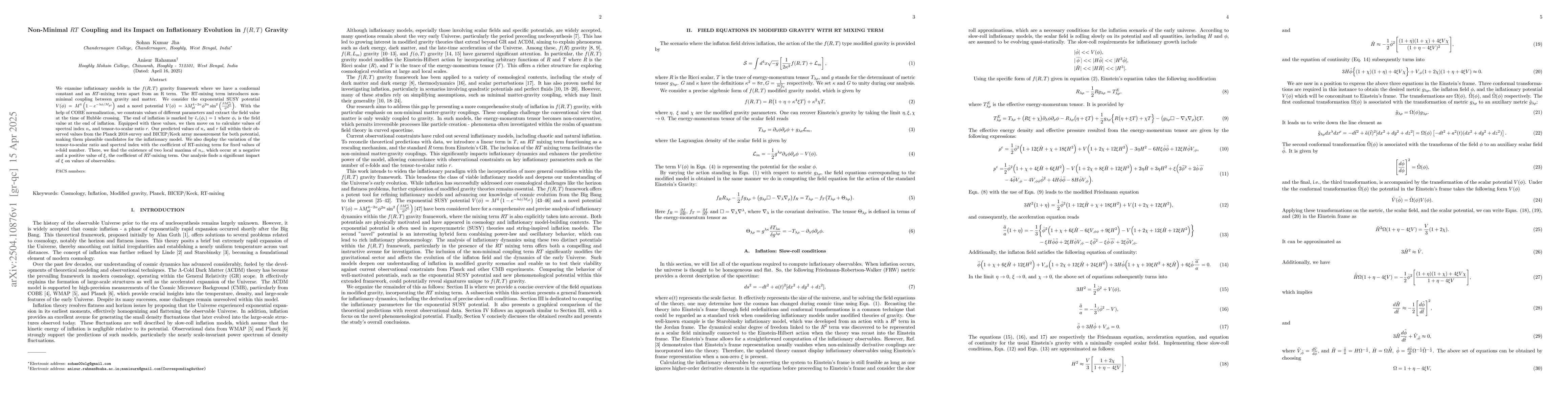 Thumbnail for Non-Minimal RT Coupling and its Impact on Inflationary Evolution in f(R,
  T) Gravity