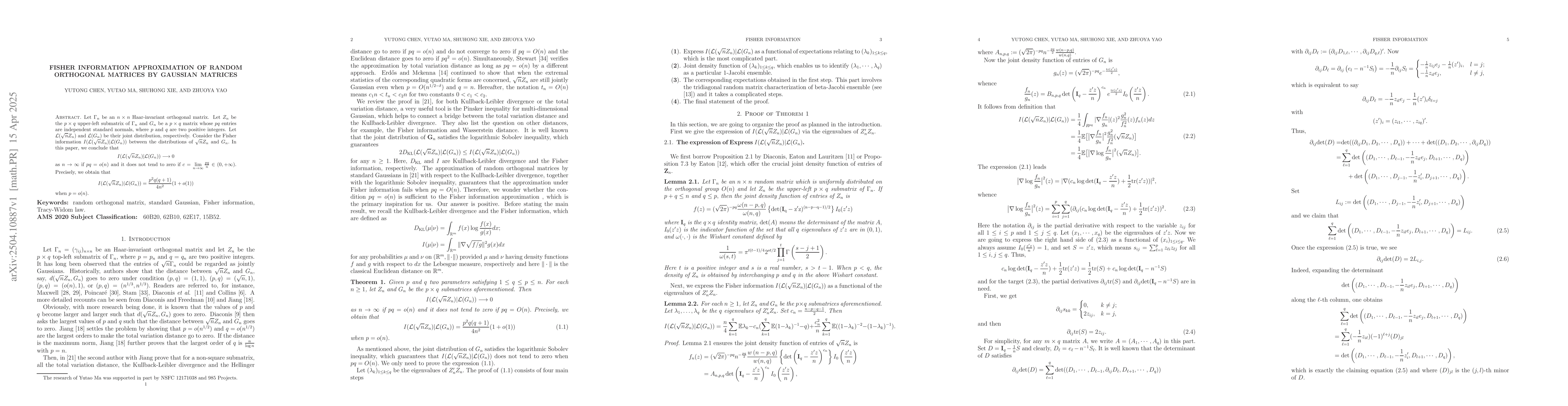Thumbnail for Fisher information approximation of random orthogonal matrices by
  Gaussian matrices