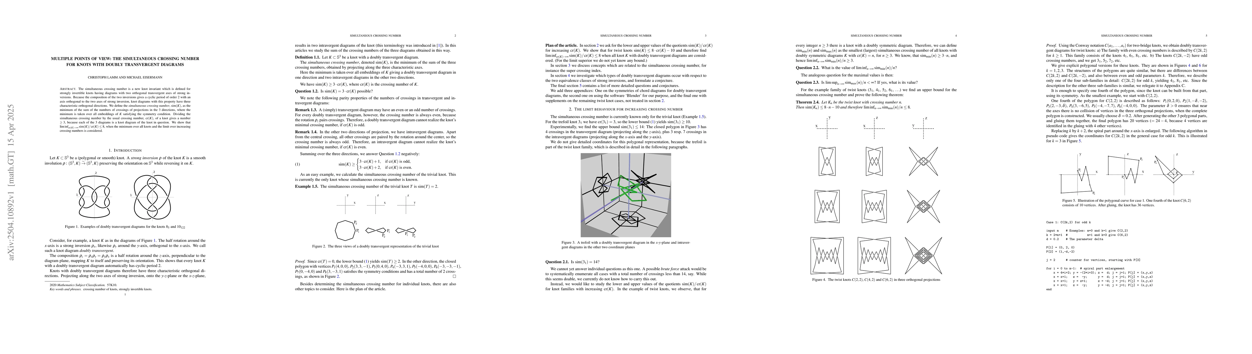 Thumbnail for Multiple points of view: The simultaneous crossing number for knots with
  doubly transvergent diagrams