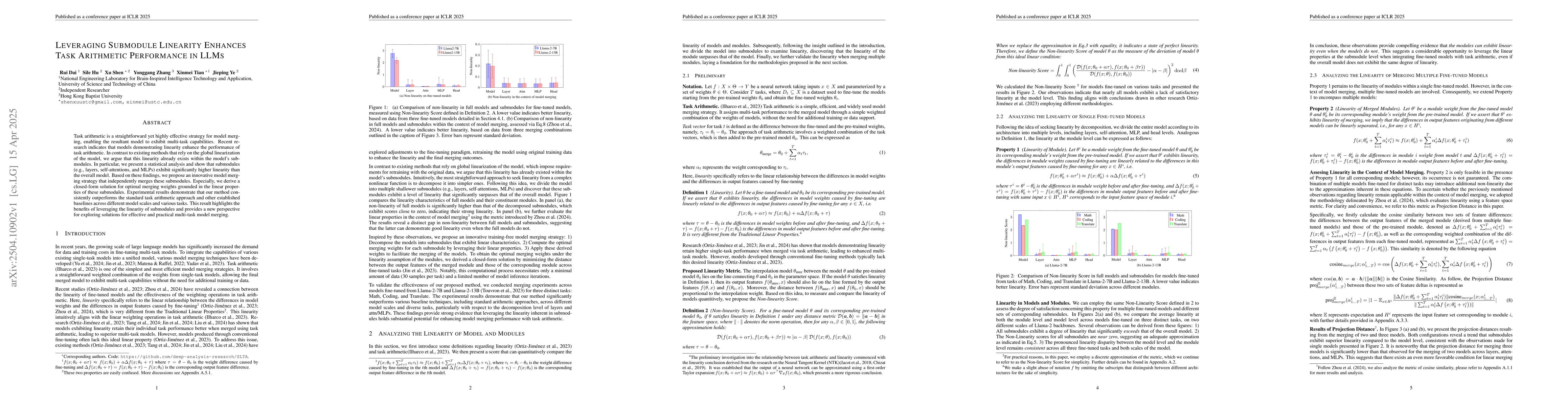 Thumbnail for Leveraging Submodule Linearity Enhances Task Arithmetic Performance in
  LLMs