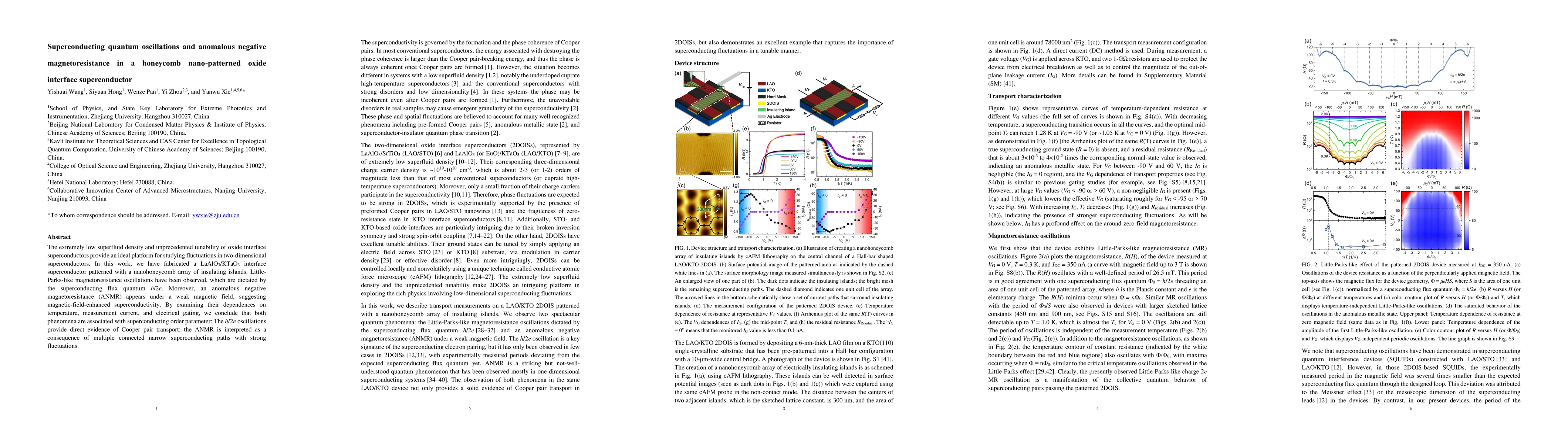 Thumbnail for Superconducting quantum oscillations and anomalous negative
  magnetoresistance in a honeycomb nanopatterned oxide interface superconductor