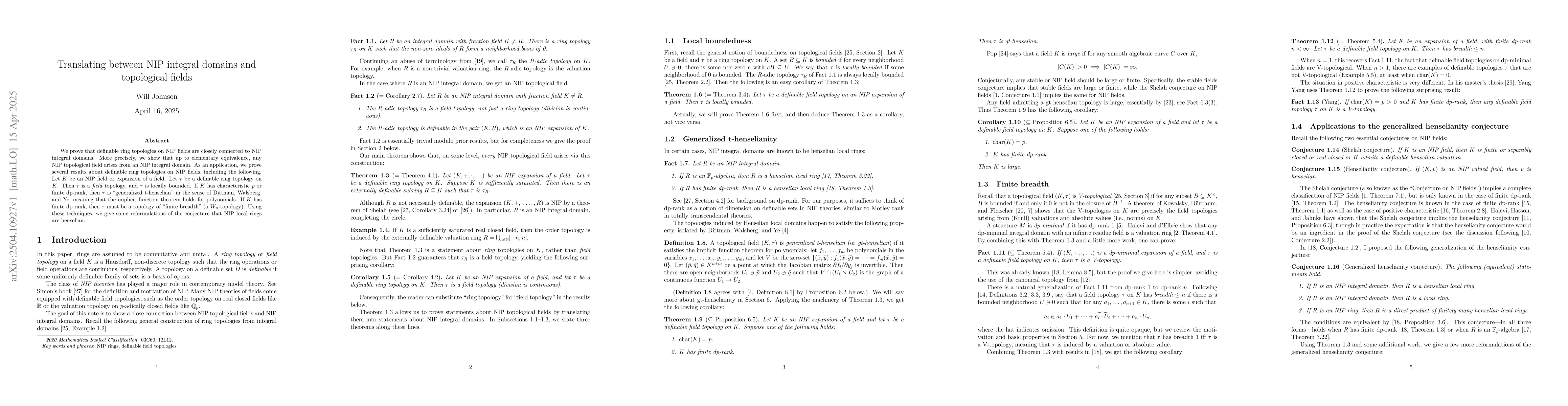 Thumbnail for Translating between NIP integral domains and topological fields