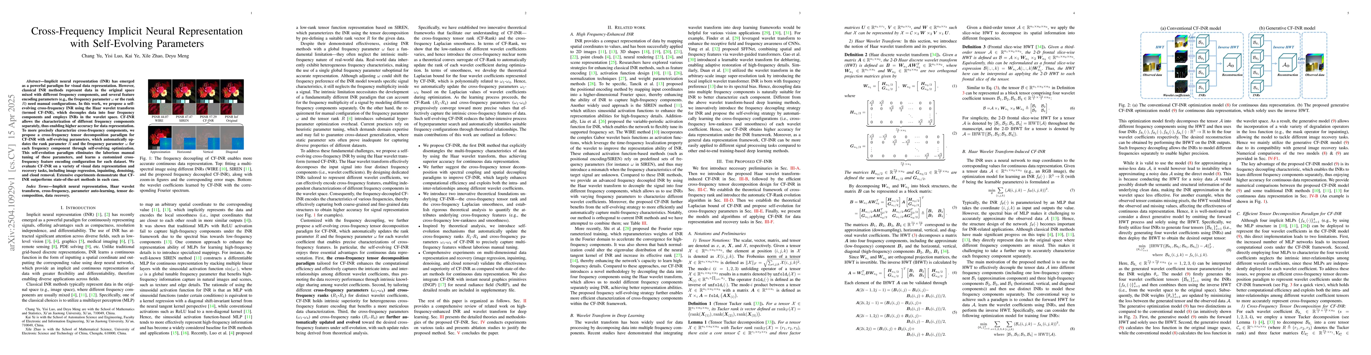 Thumbnail for Cross-Frequency Implicit Neural Representation with Self-Evolving
  Parameters