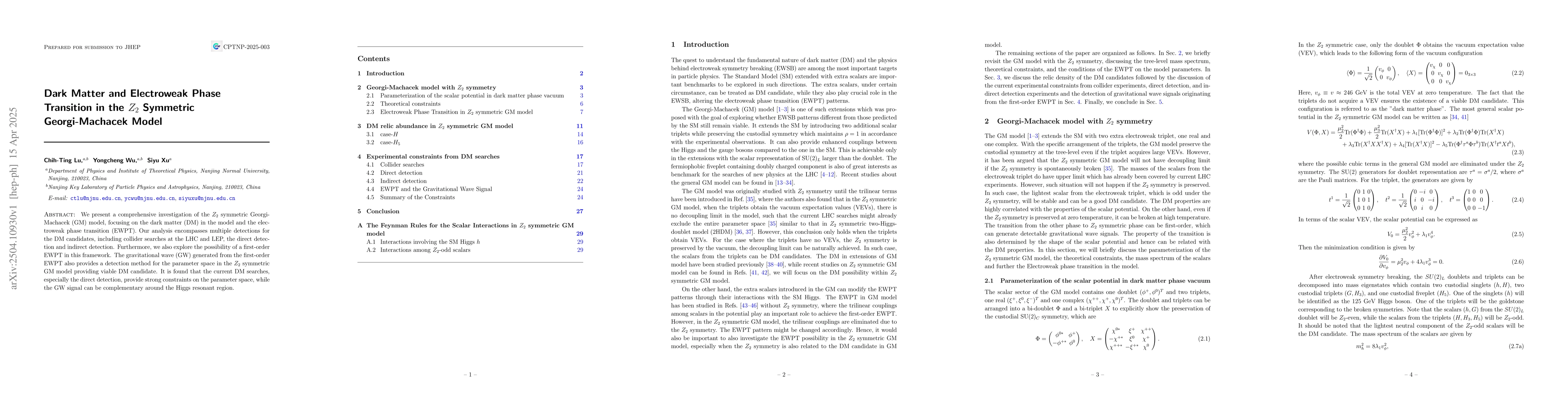 Thumbnail for Dark Matter and Electroweak Phase Transition in the $Z_2$ Symmetric
  Georgi-Machacek Model