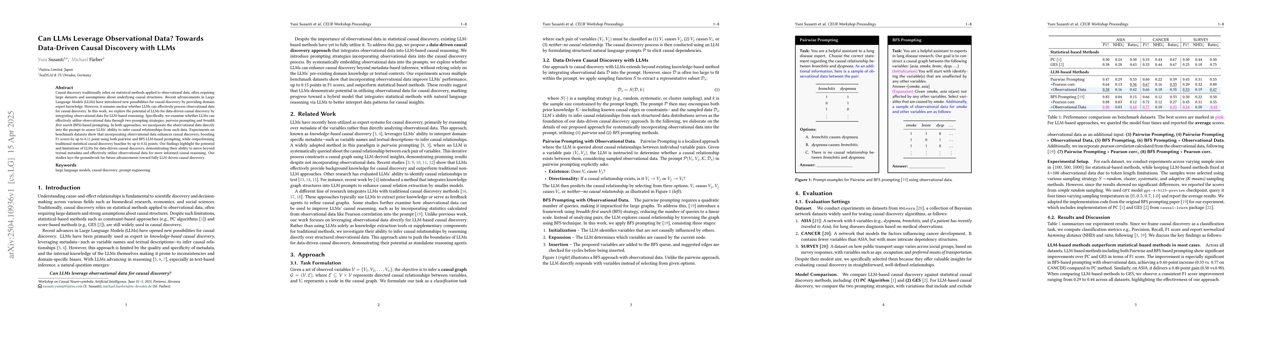 Thumbnail for Can LLMs Leverage Observational Data? Towards Data-Driven Causal
  Discovery with LLMs