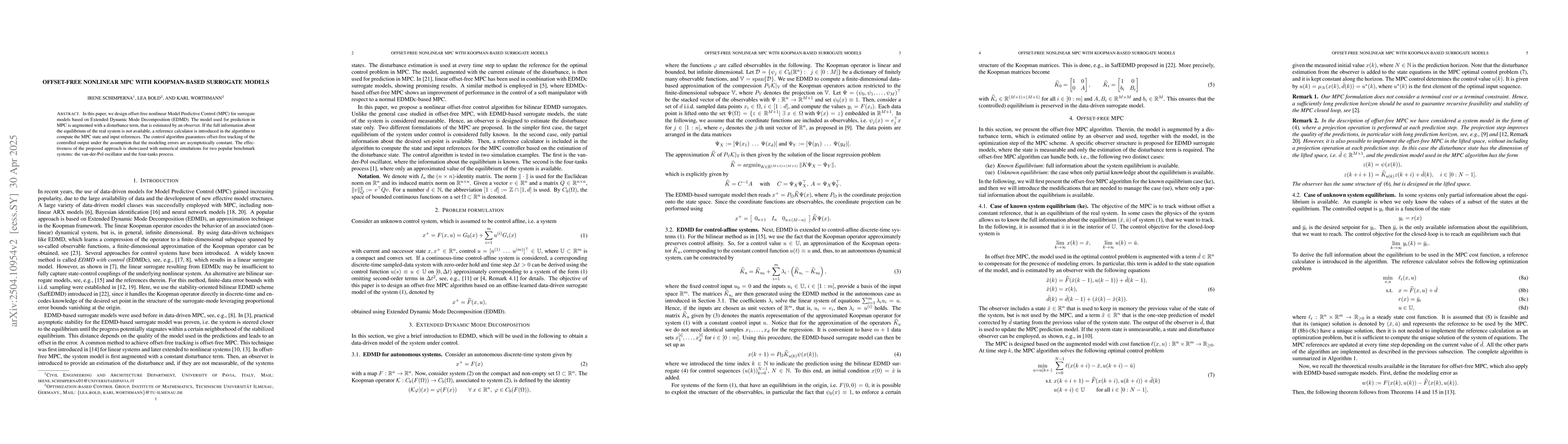 Thumbnail for Offset-free Nonlinear MPC with Koopman-based Surrogate Models