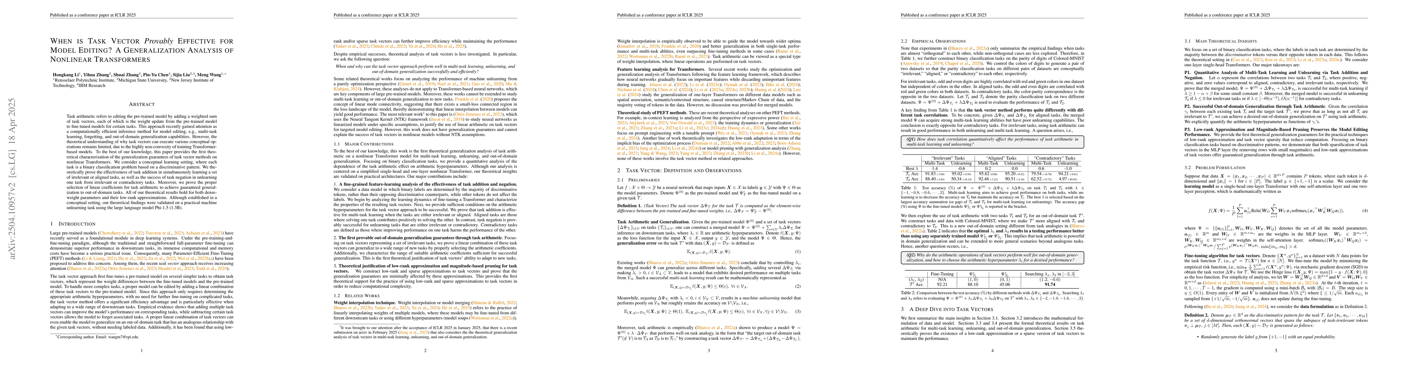 Thumbnail for When is Task Vector Provably Effective for Model Editing? A
  Generalization Analysis of Nonlinear Transformers